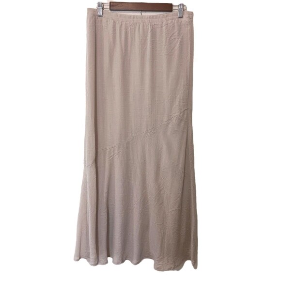 AGB Maxi Skirt M Beige Crinkled Texture Asymmetrical Hem Elastic Waist Lined - Picture 2 of 11
